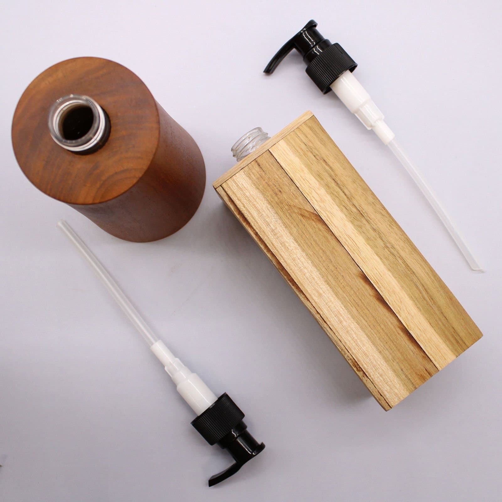 Square teakwood soap dispenser with a pump top