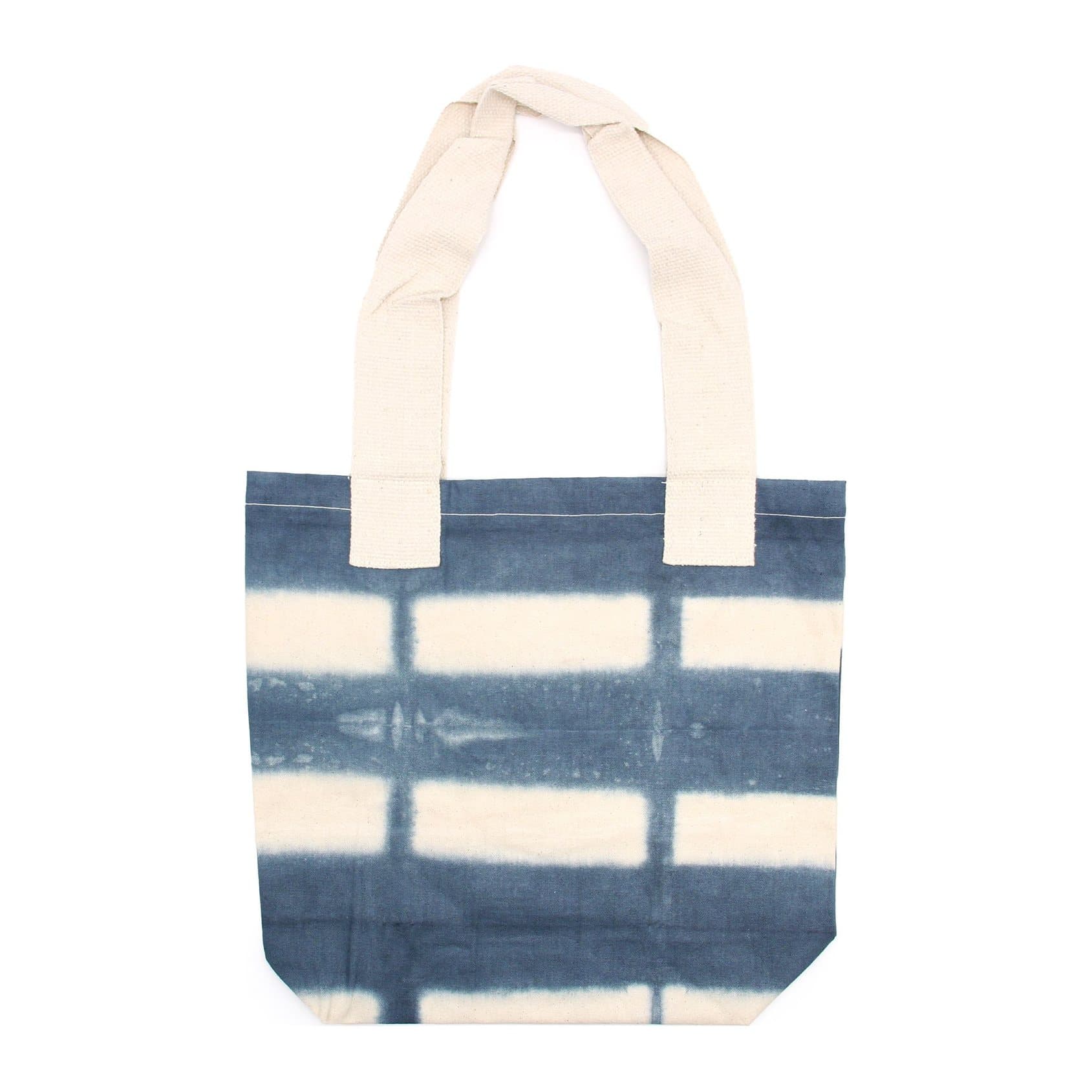 Tie-dye cotton bag with grey blocks design and natural handle