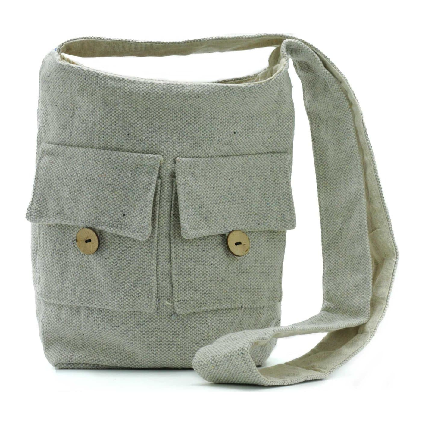 Stone coloured cotton two pocket bag with a long strap