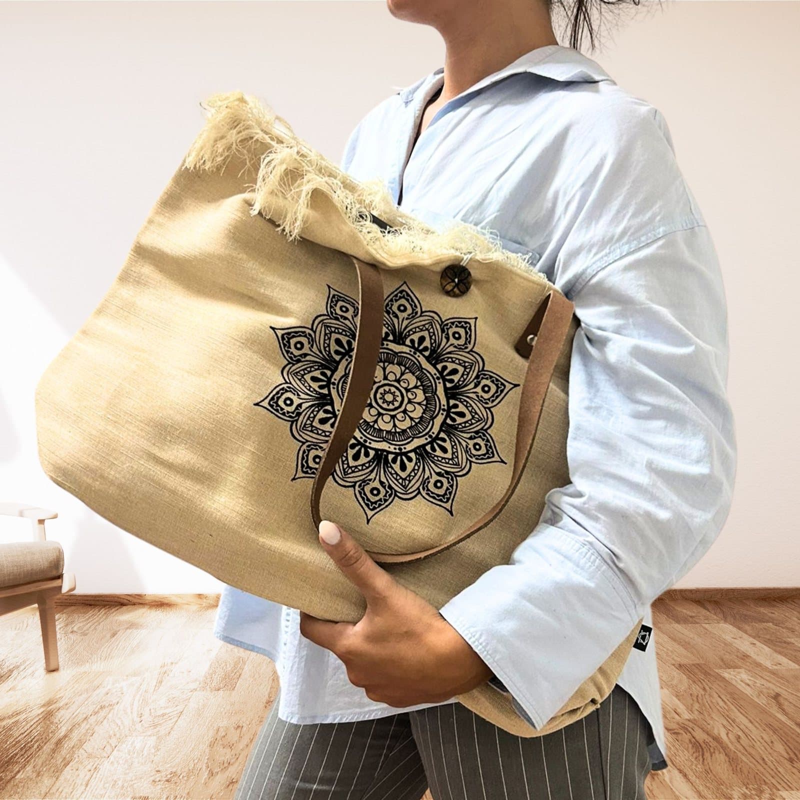 Natural canvas tote bag with leather handles