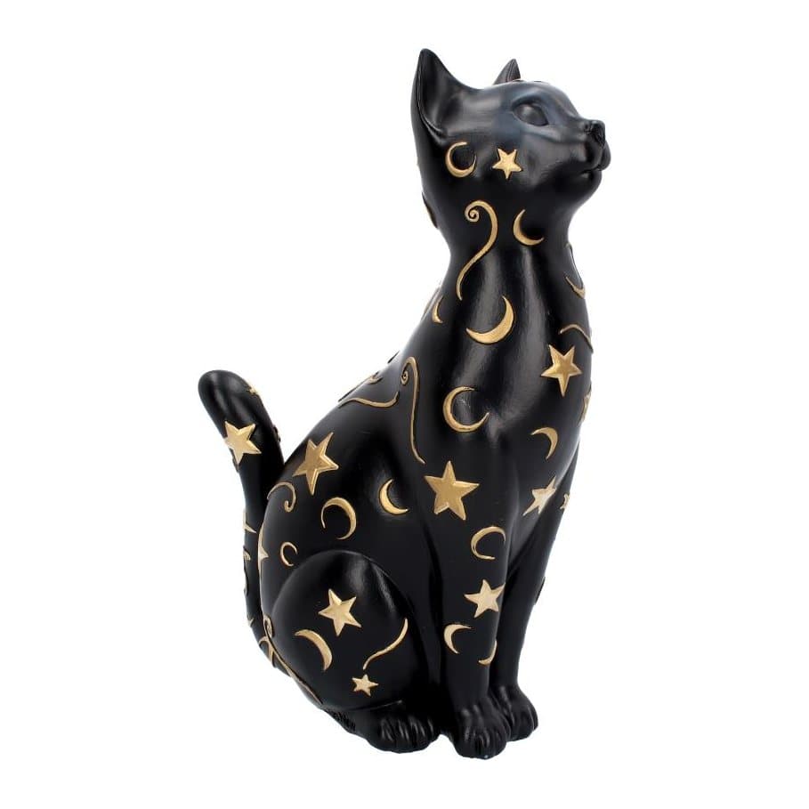 Black celestial cat figurine with golden stars and moons sitting and looking upwards