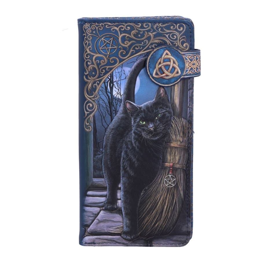 Navy embossed purse showing a black cat with a straw broom and green eyes