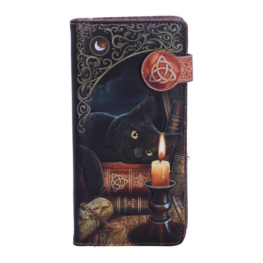 Black embossed purse with a black cat, flickering candle and mystical books
