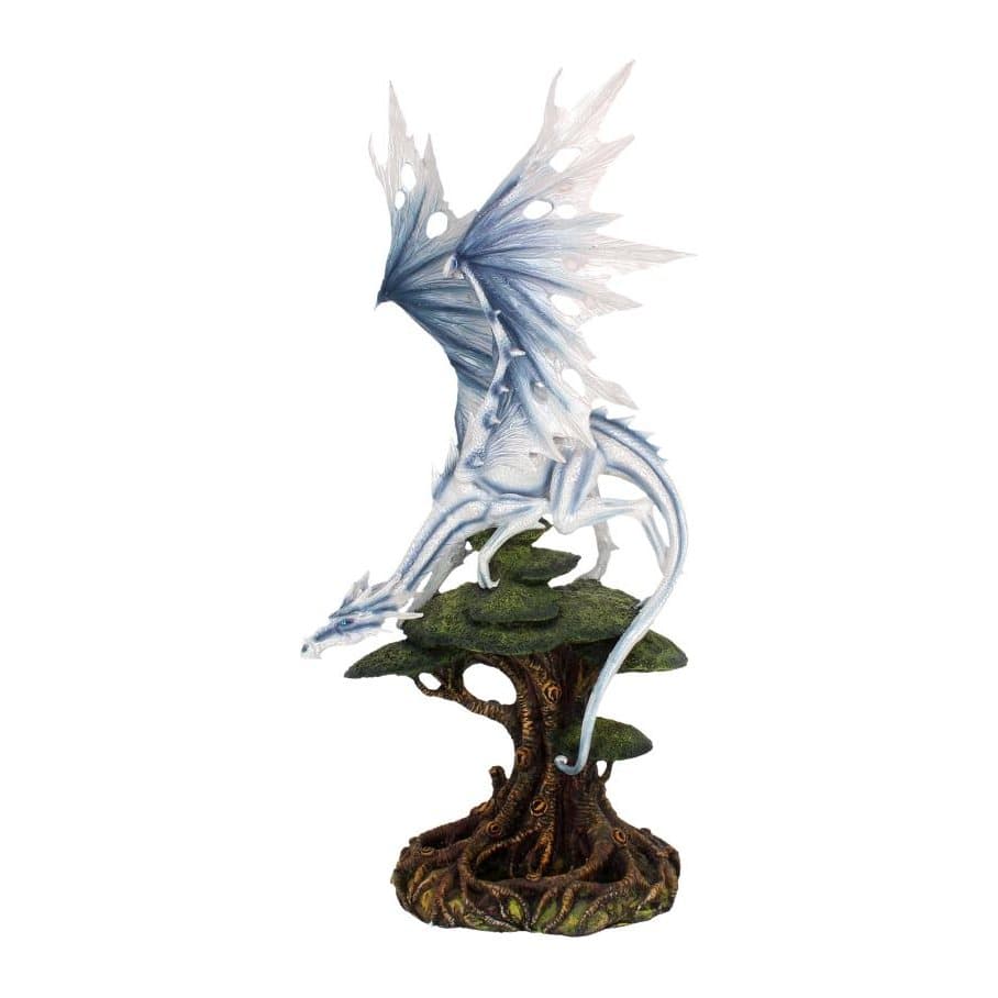 Icy dragon gripping an aged tree with wings raised and dark blue wing edges