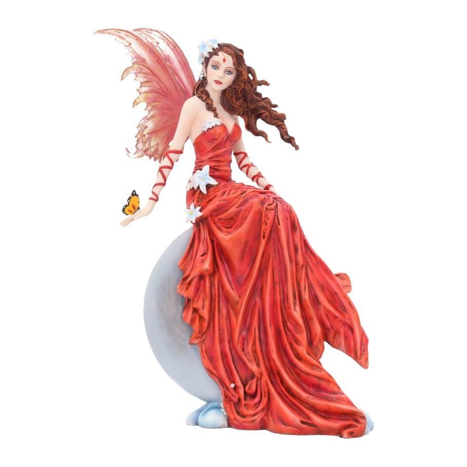 Crimsonlily fairy in a red dress on a full moon with a monarch butterfly