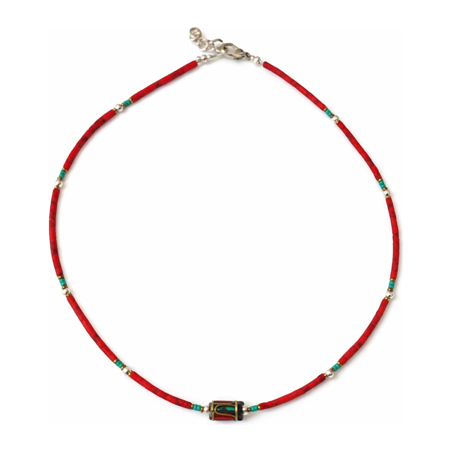 Nepalese necklace of coral beads with tribal-style accents