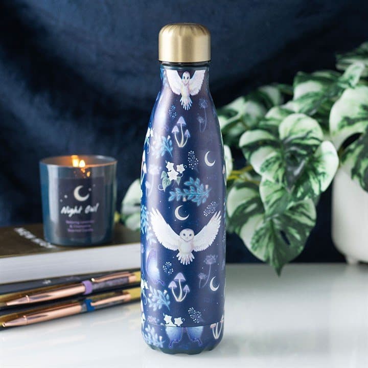 Navy-blue steel water bottle with flying night owls, crescent moons and gold-toned lid