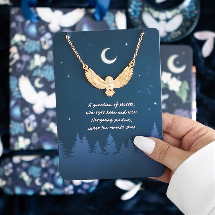 Night owl necklace on a forest and night sky greeting card