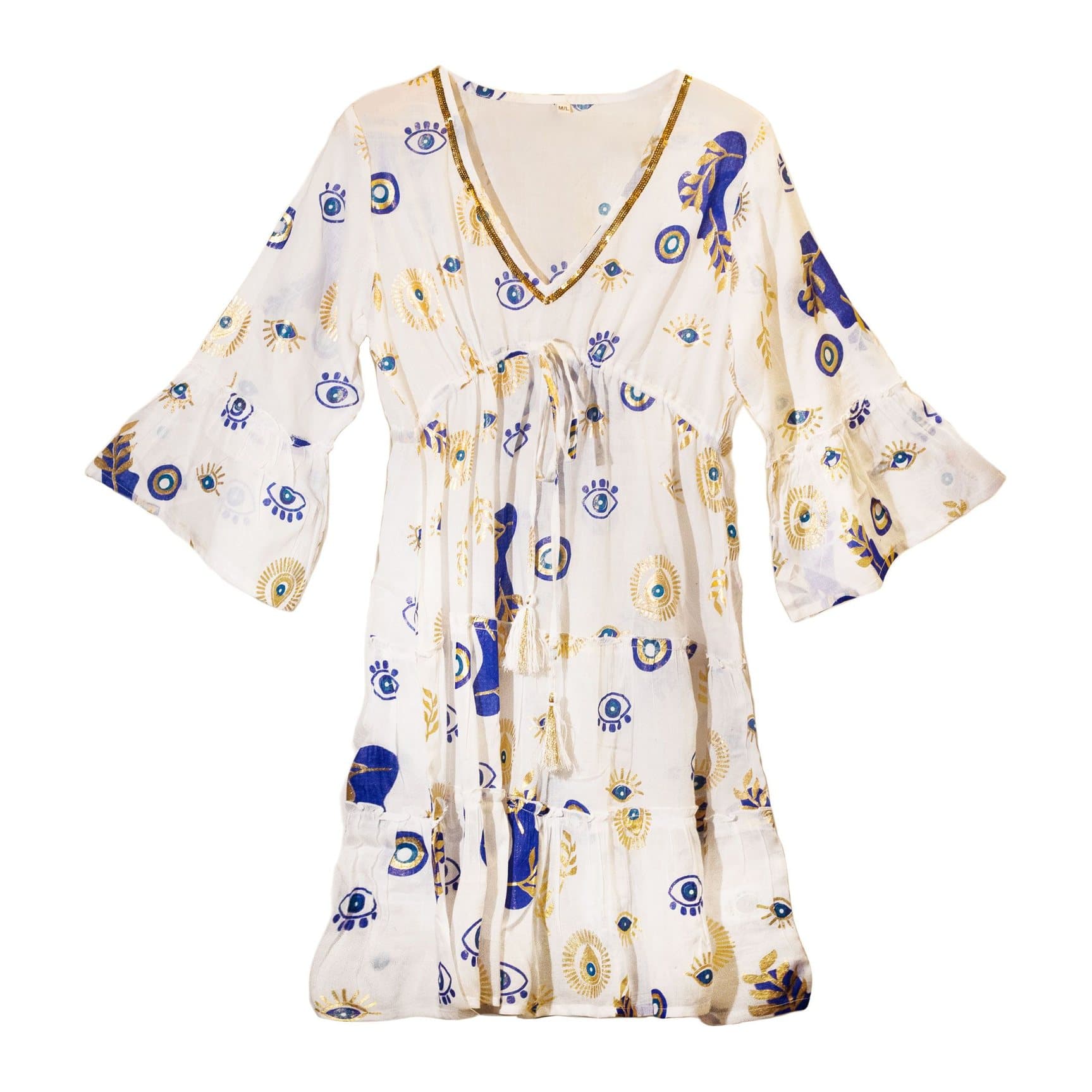 White Nomad Sari dress with blue and gold evil eye motifs and three-quarter sleeves