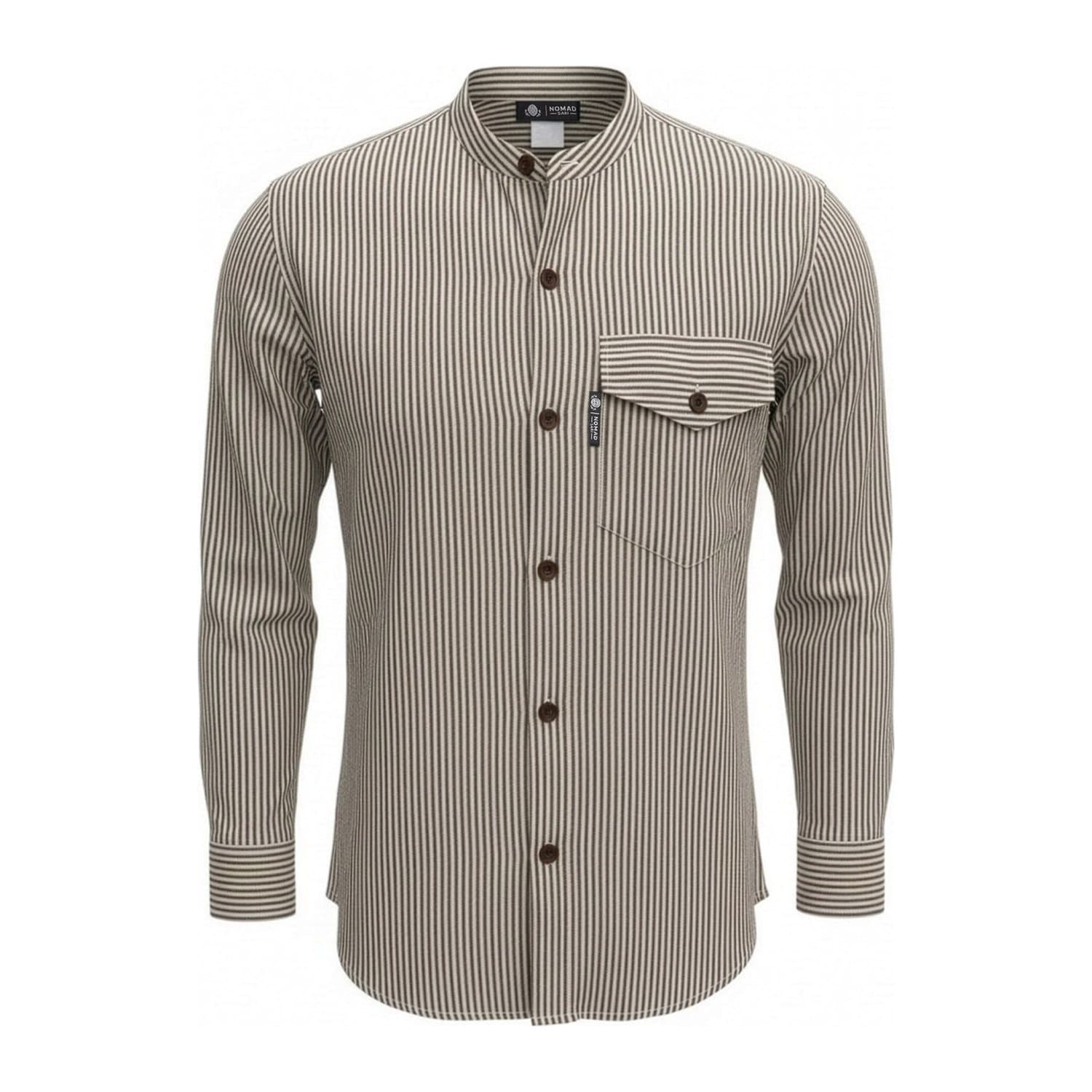 Grey Stone striped cotton grandad shirt with collarless neckline and chest pocket