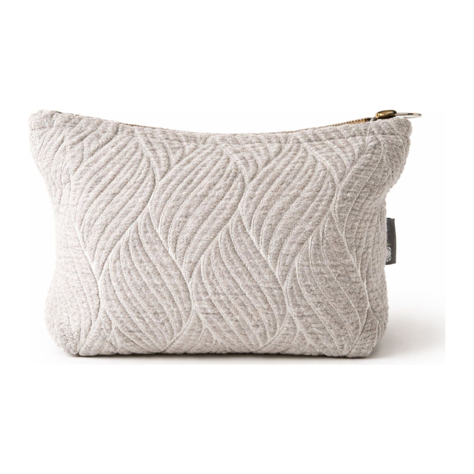 Moonlit Weave soft grey jacquard toiletry bag with a textured woven pattern