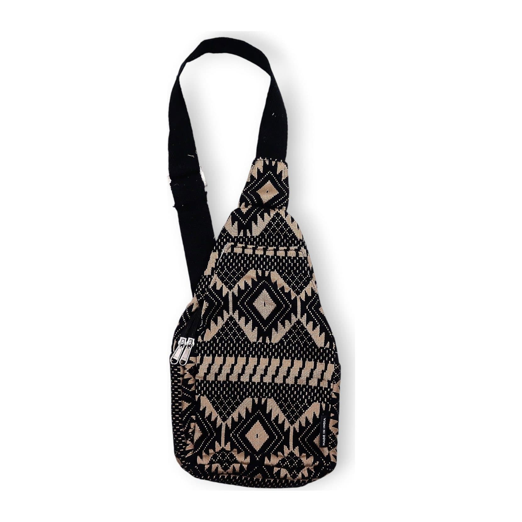 Jacquard cross bag with a geometric weave in warm earthy tones