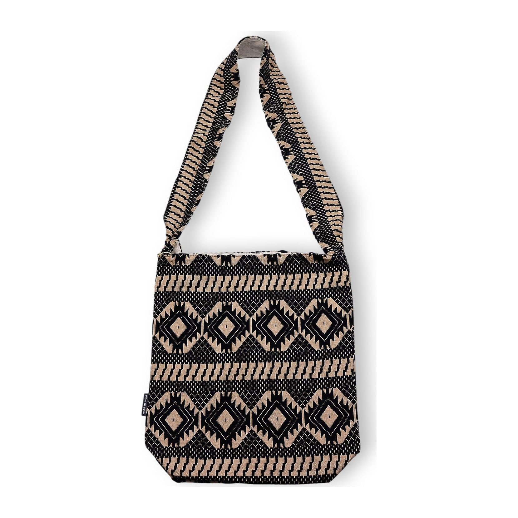 Desert Loom jacquard carryall bag in earthy tones with a woven pattern