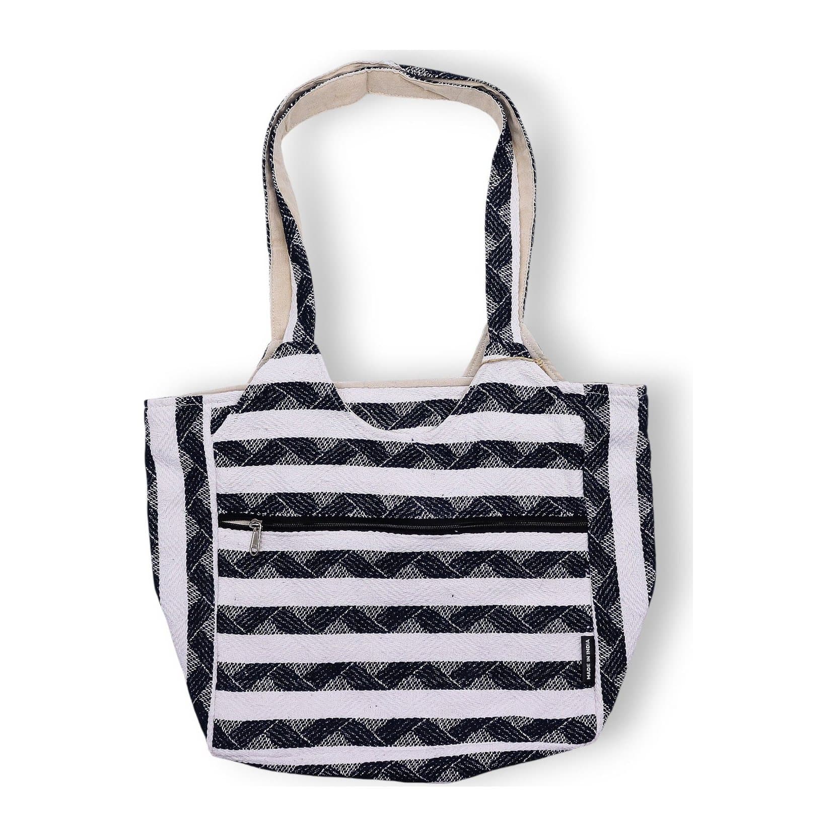 Navy and white jacquard Wander Muse shoulder bag with long straps