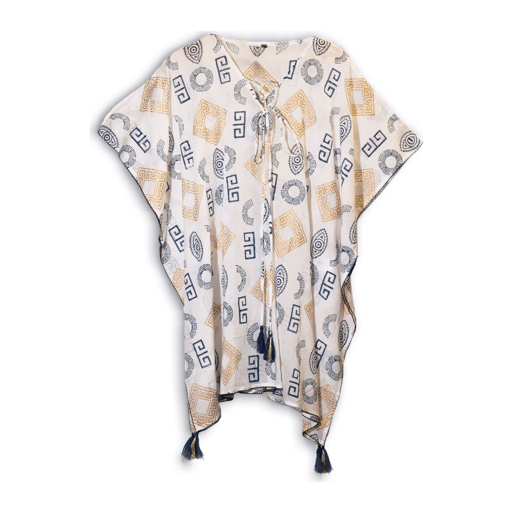 Blue and gold Greek motif kaftan with white base and tassels
