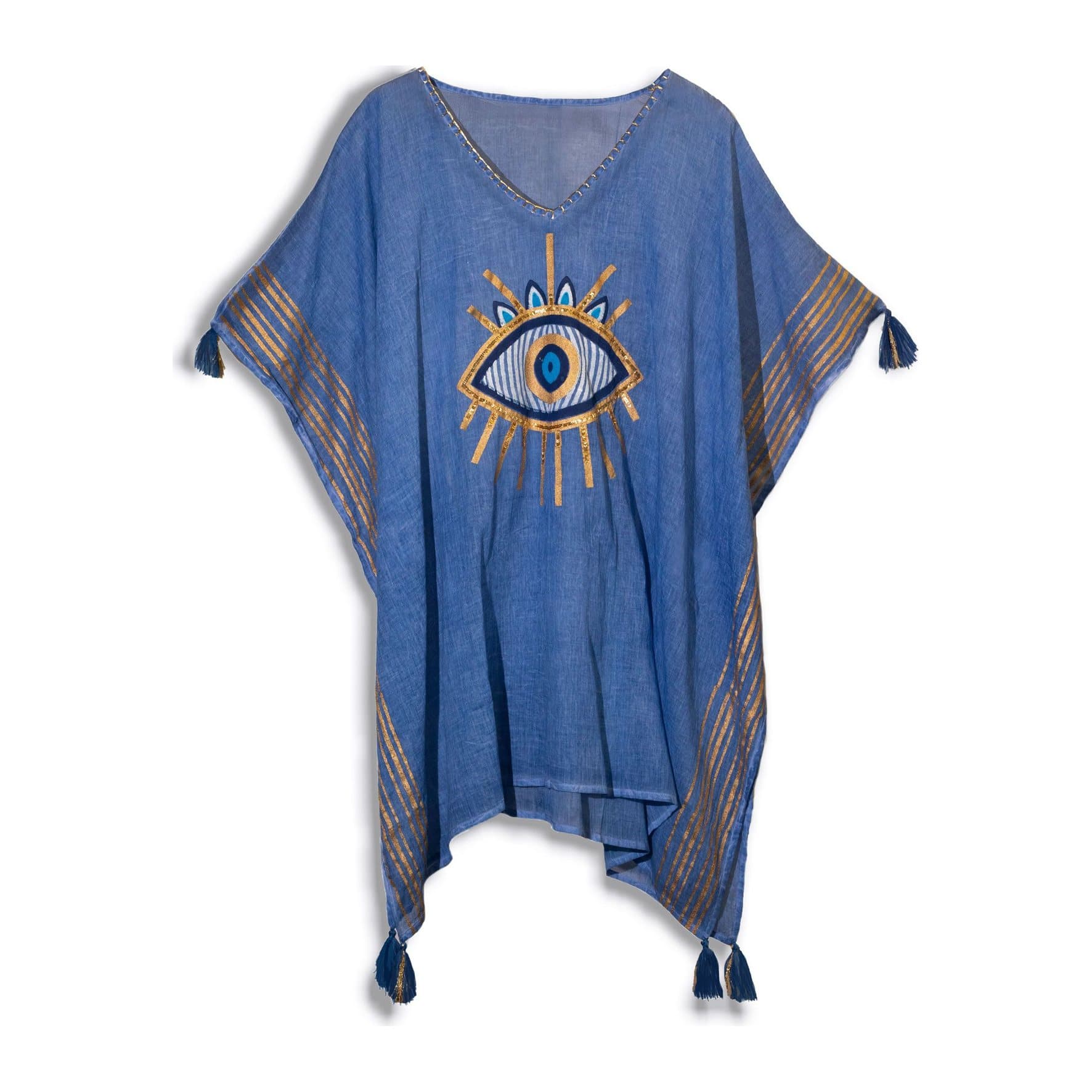 Rich blue Nomad Sari kaftan with a gold evil eye design and tassel finishes