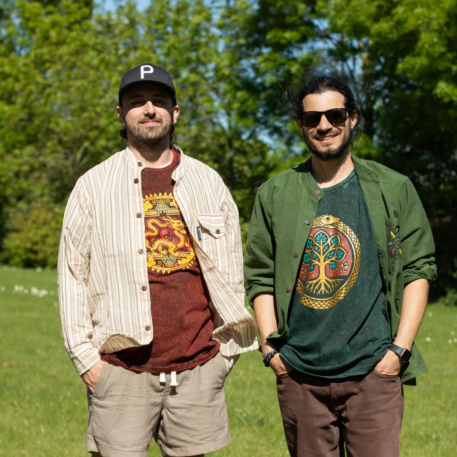 Forest green collarless Kathmandu shirt with a hand-painted pocket