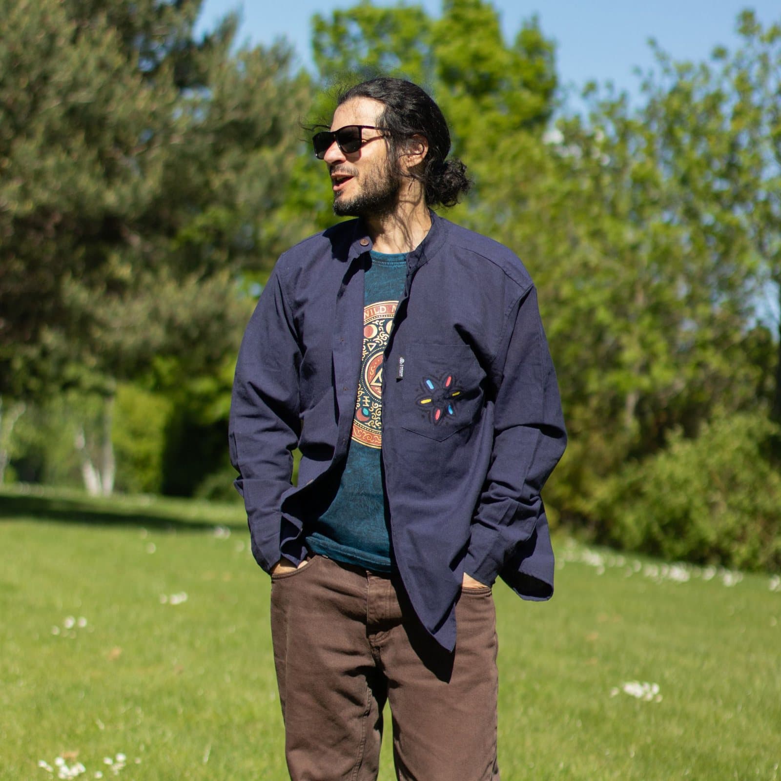 Indigo collarless Kathmandu shirt with a hand-painted pocket