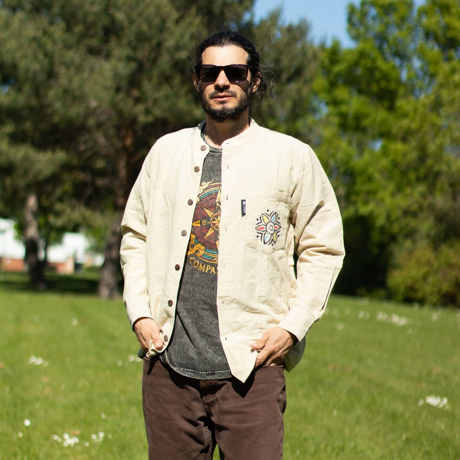 Nomad Sari Kathmandu collarless shirt in stone with a hand-painted pocket