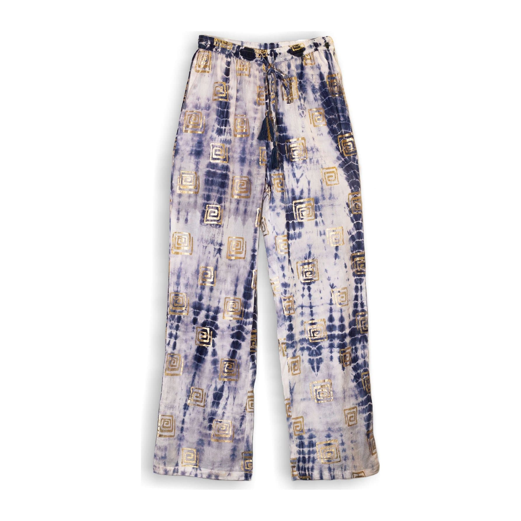 Blue tie-dye lounge pants with hand-painted gold Greek motifs