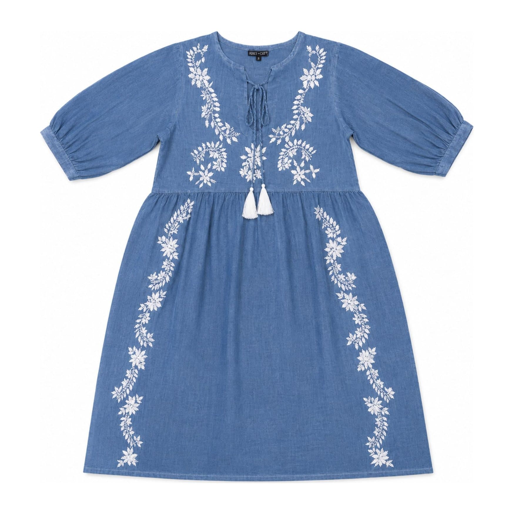 Dusky blue summer dress with white floral embroidery and tassel ties