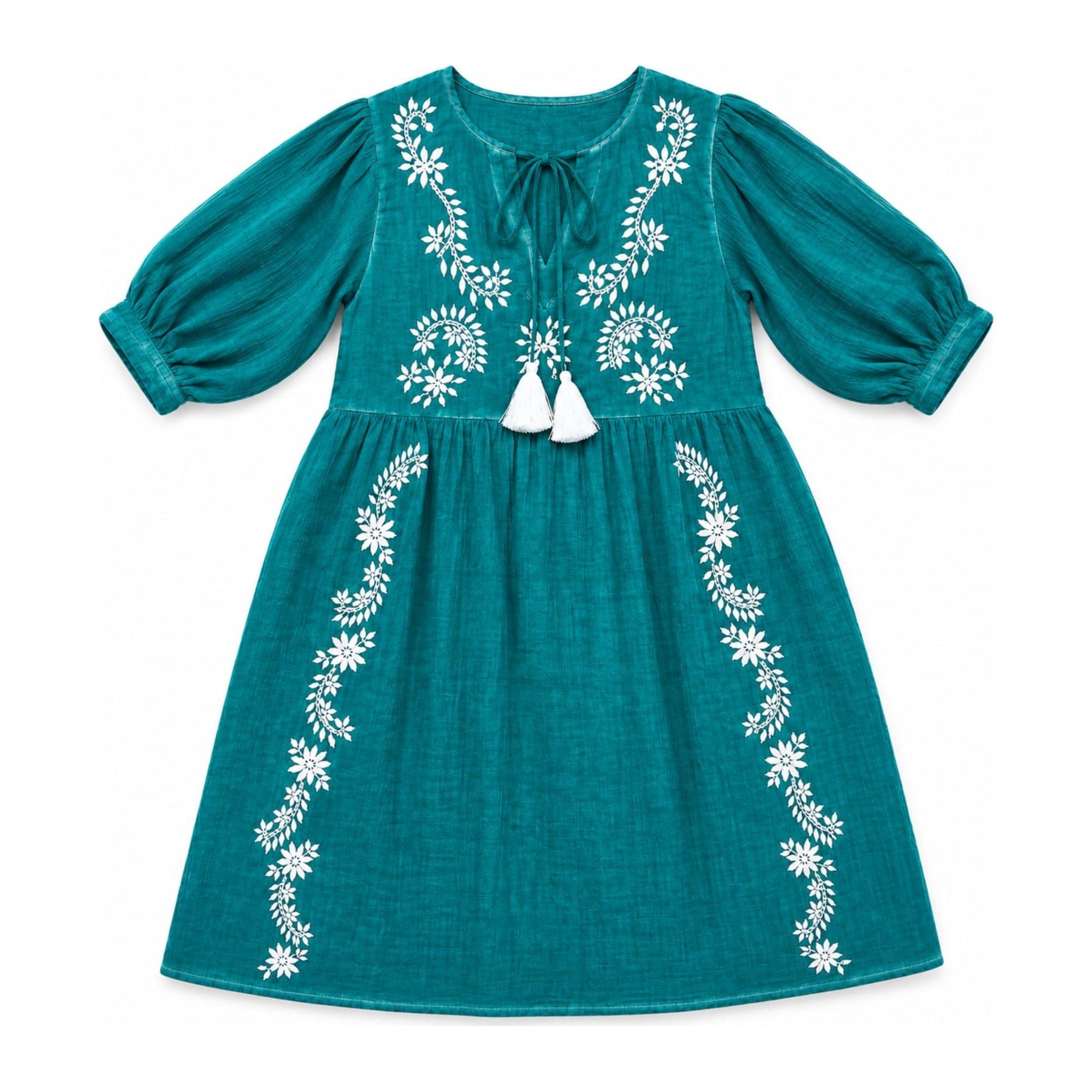 Turquoise summer dress with white floral embroidery and tassel ties