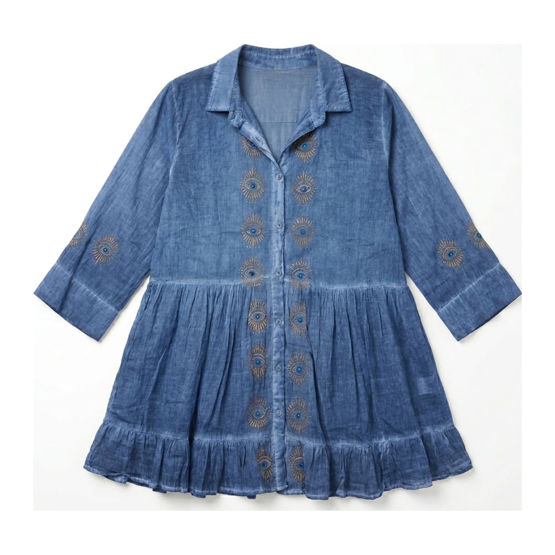 Dusky blue tunic dress with gold and blue evil eye block print