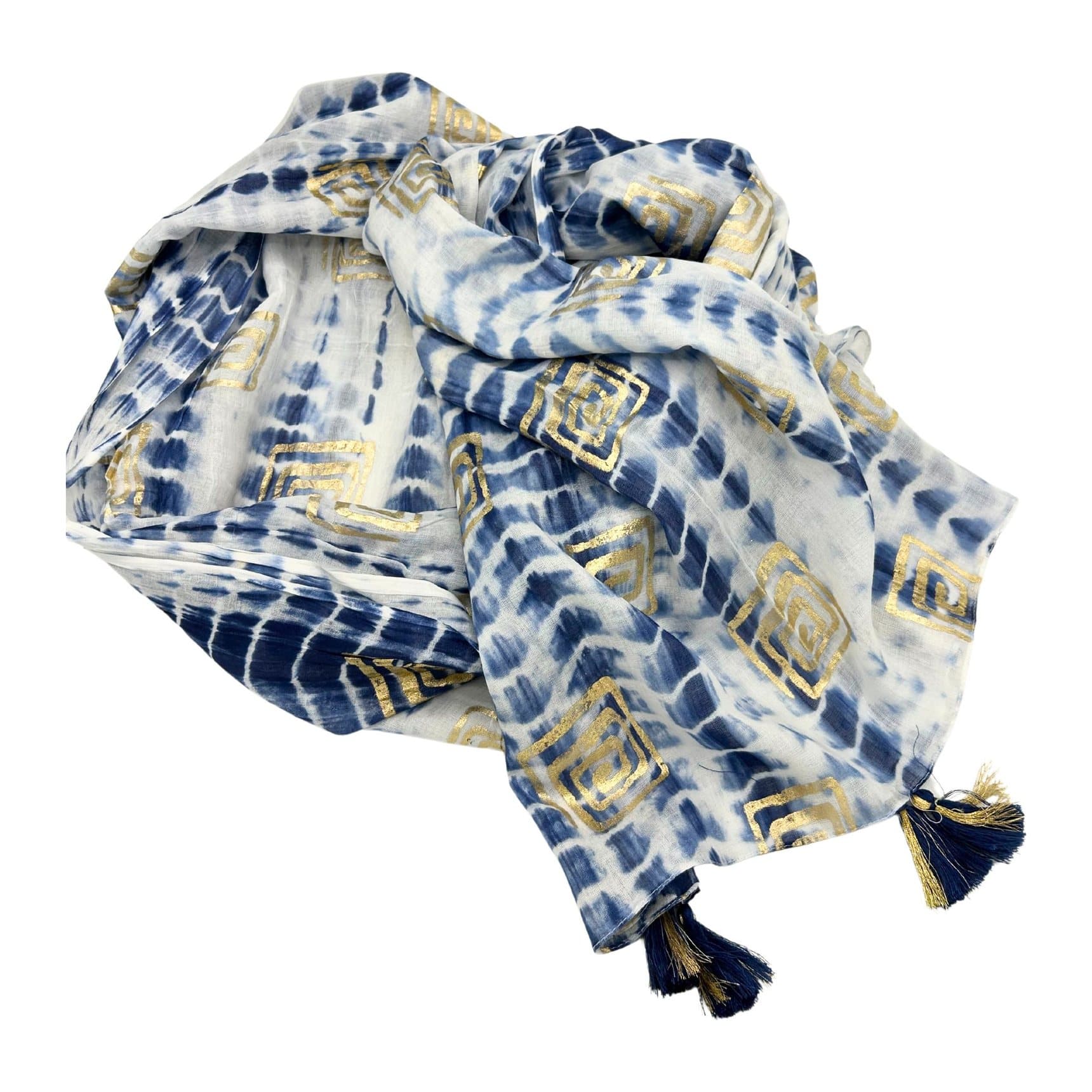 Blue tie-dye pareo with lighter washes and gold block print motifs