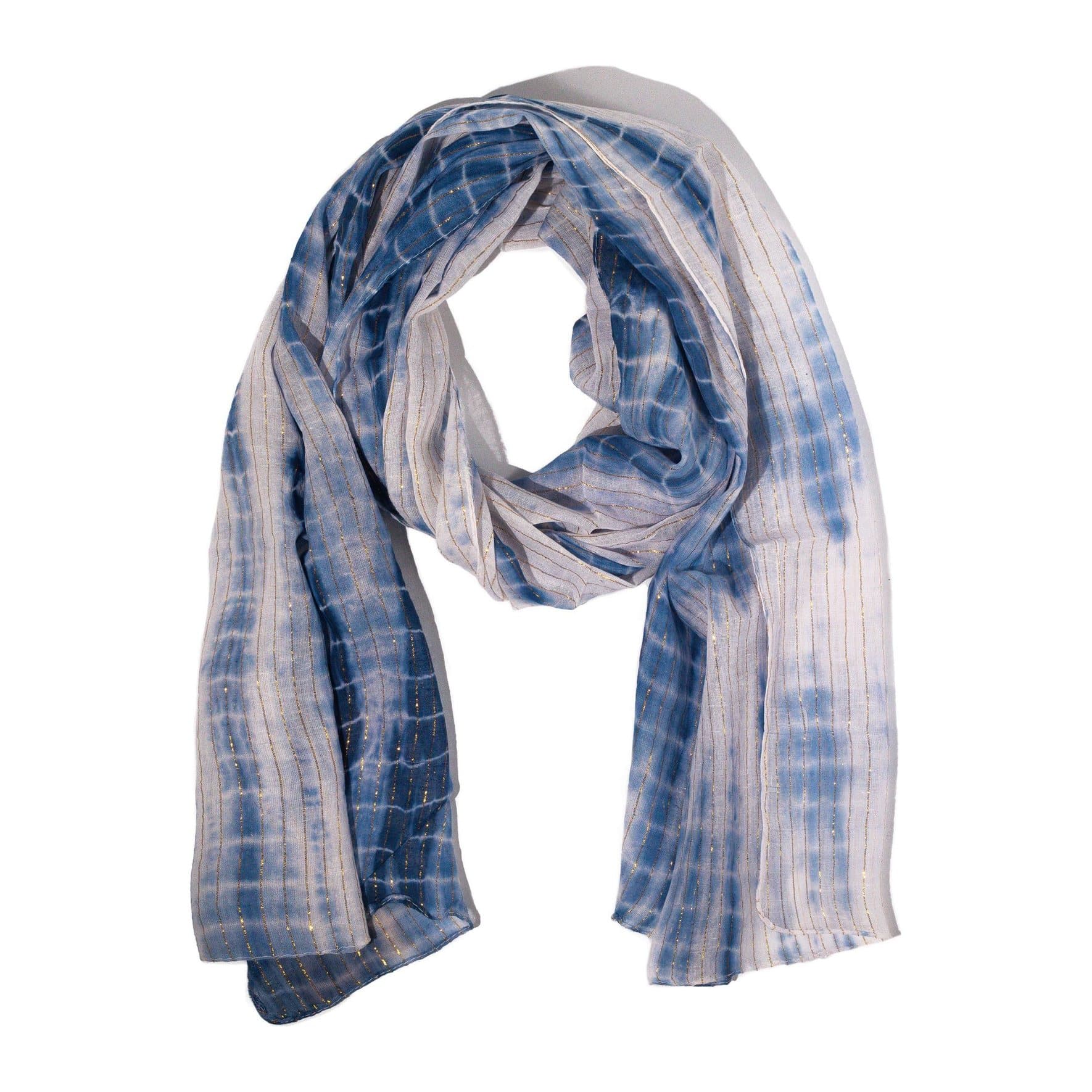 Dusky blue scarf with fine gold thread running through the fabric
