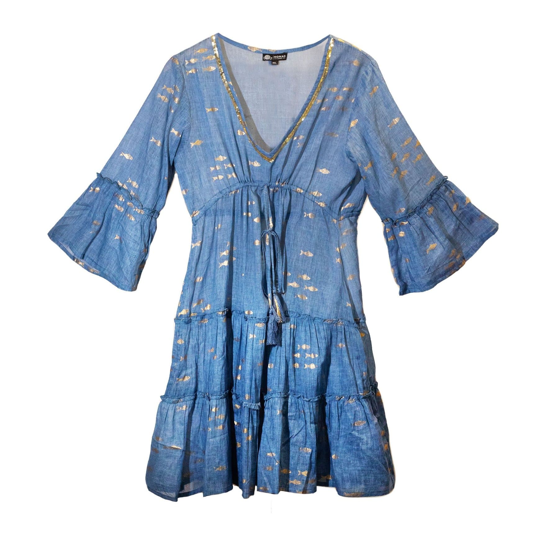 Sea blue cotton dress with a gold fish motif, V-neckline and tiered skirt