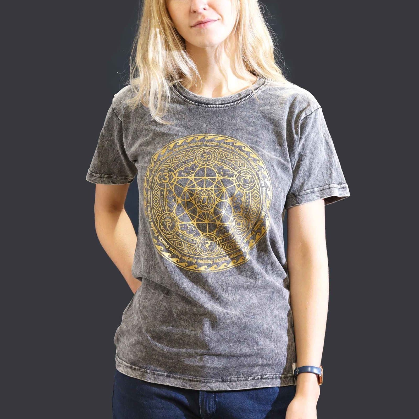 Dark grey stonewashed cotton t-shirt with a chakra design