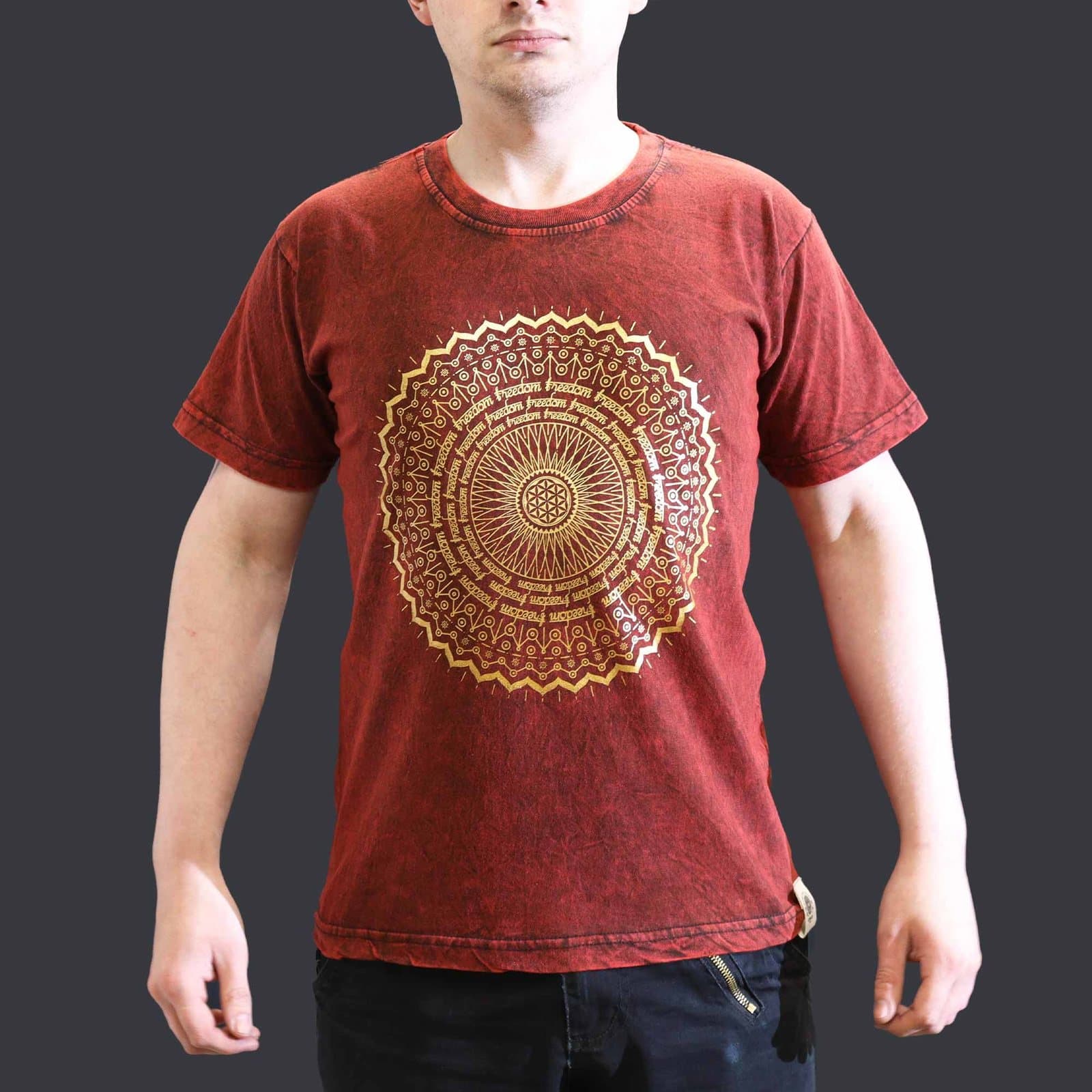 Maroon stonewashed cotton t-shirt with a mandala design