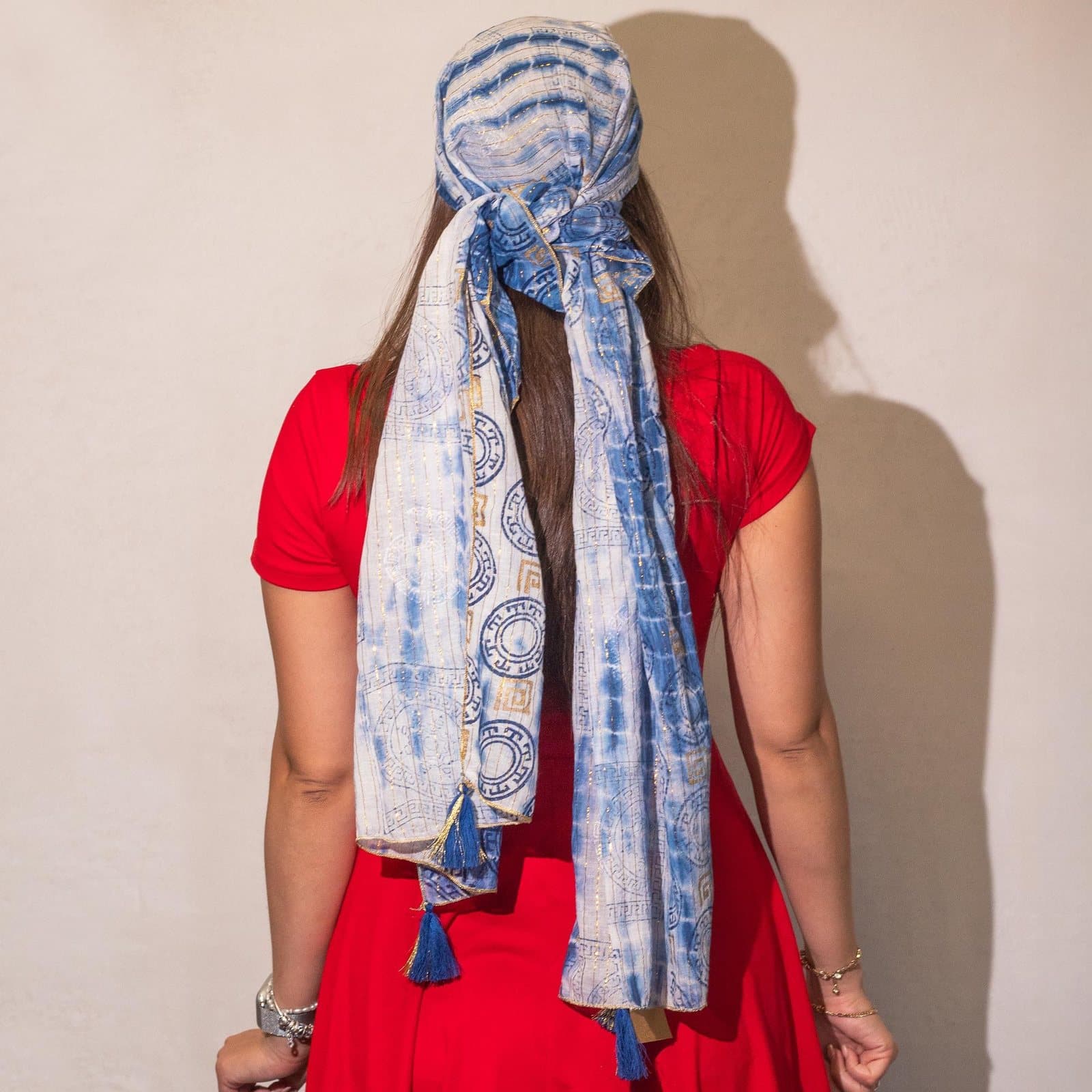 Marbella print summer scarf with gold detailing and tasselled ends
