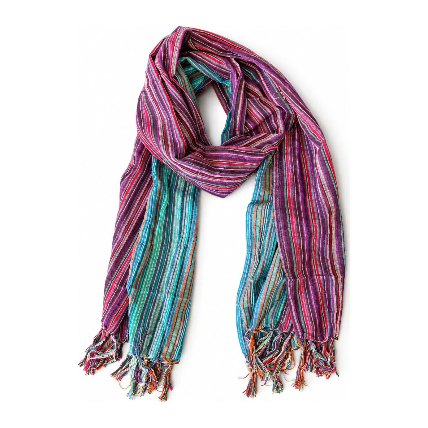 Striped purple and turquoise-blue scarf with multicoloured fringed ends