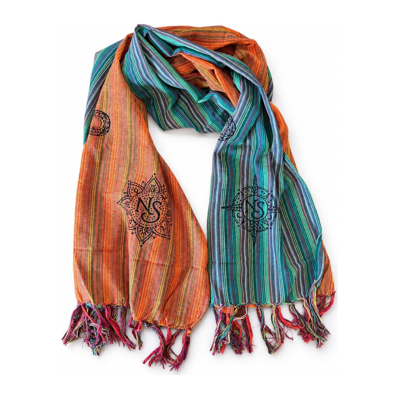 Orange, turquoise, teal and deep blue striped scarf with black symbols and fringed ends