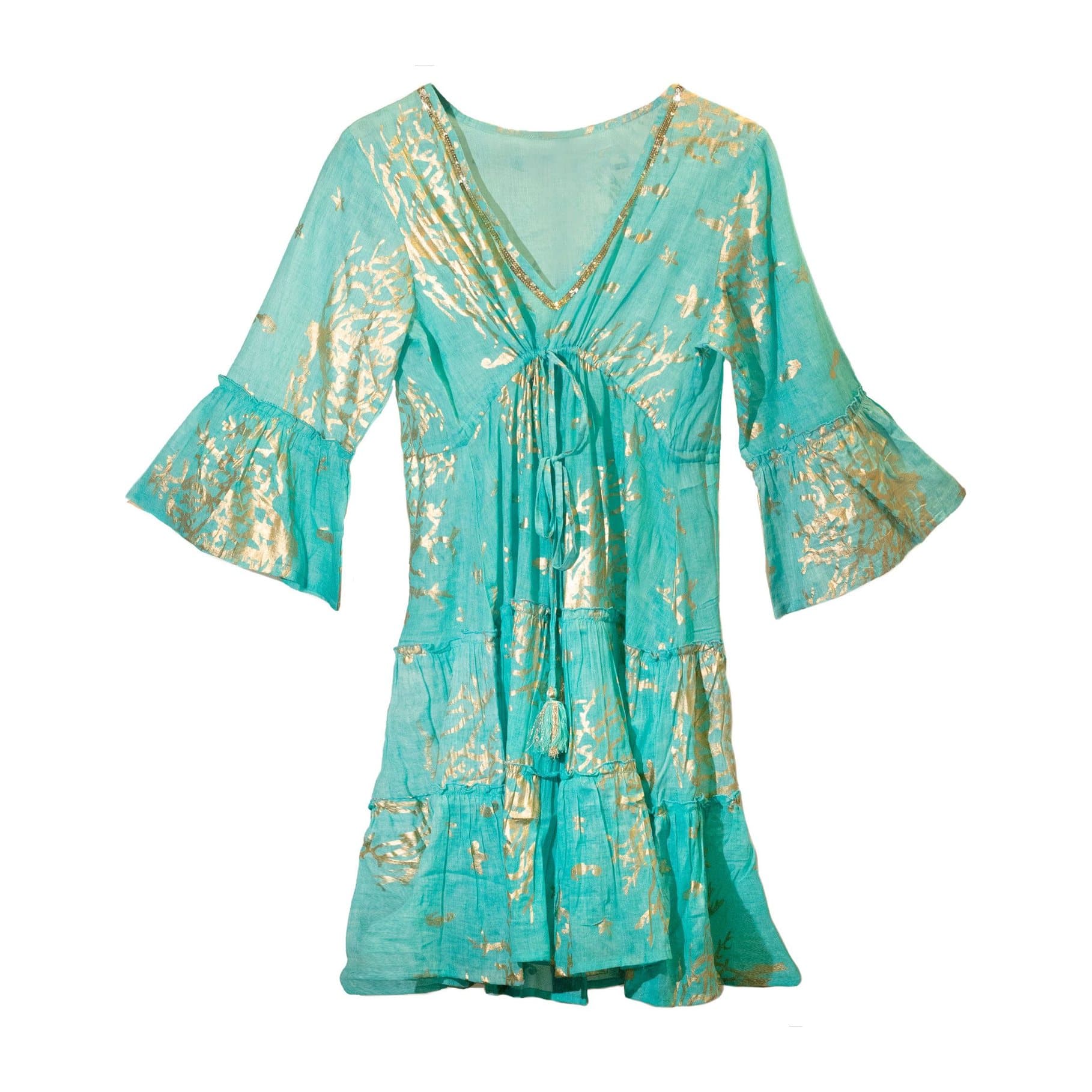 Turquoise cotton dress with a gold coral motif, V-neckline and tiered layers