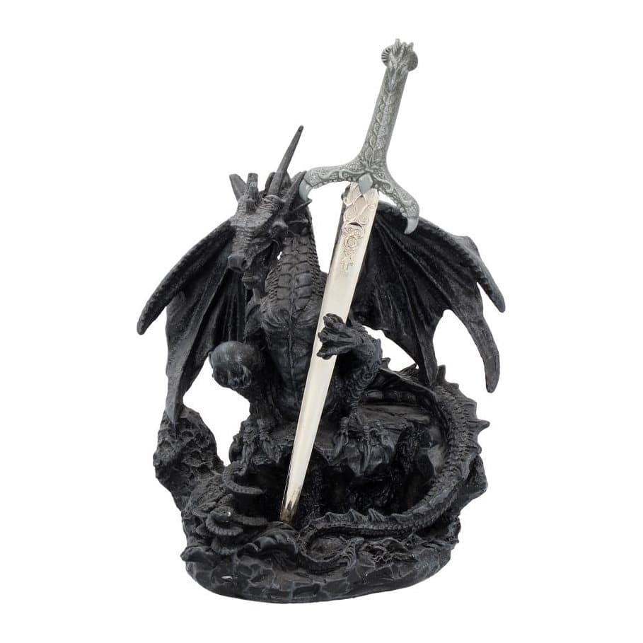 Black resin dragon holding a long sword and an orb