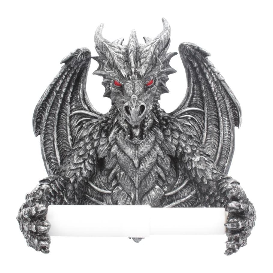 Pewter-coloured resin dragon toilet roll holder with red eyes and spread wings
