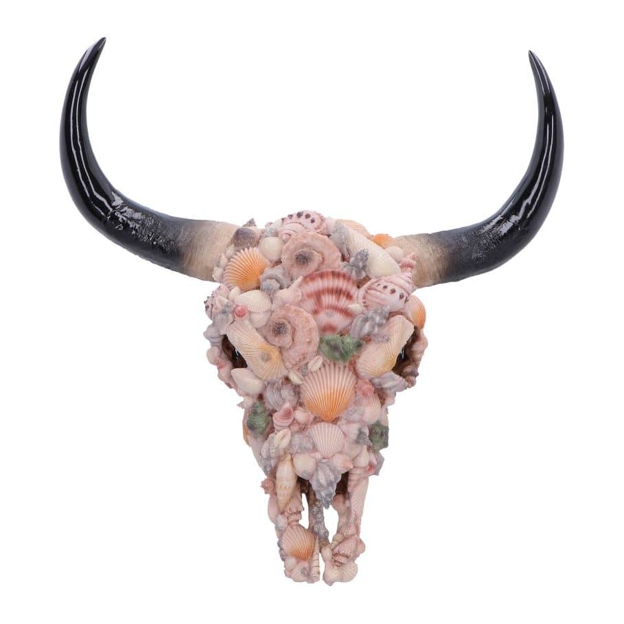 Bull skull ornament with detailed seashells and a hand-painted finish