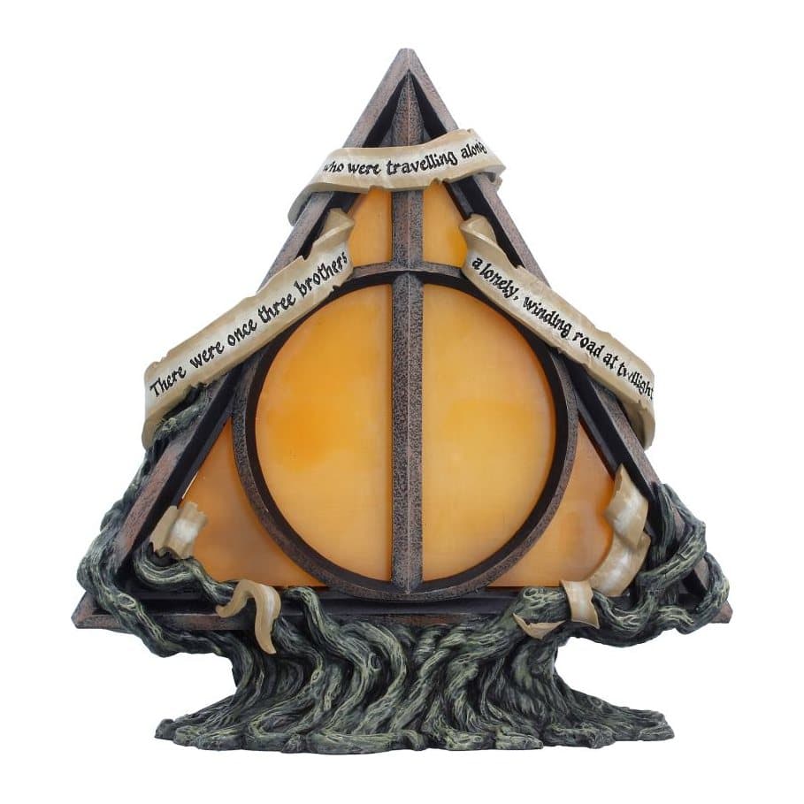 Deathly Hallows USB-C lamp with a triangular emblem on a wrapped branch base