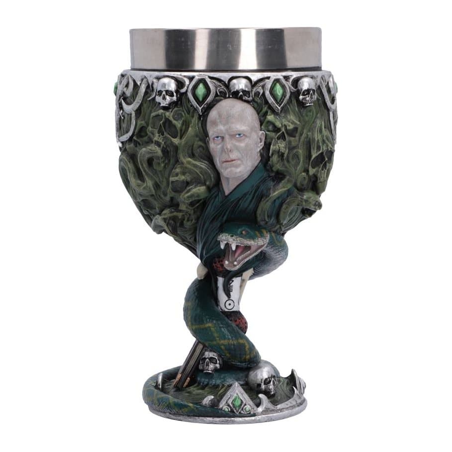 Harry Potter Voldemort chalice in dark green with silver accents and a Voldemort portrait