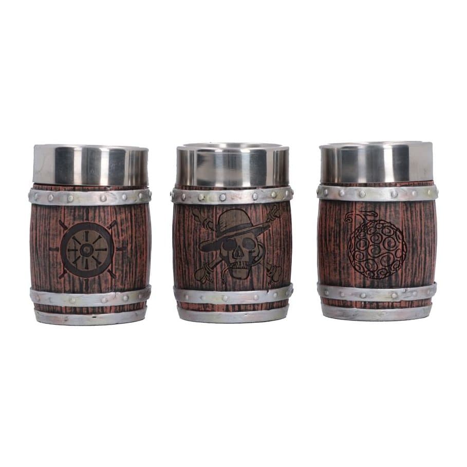 Three brown and silver One Piece barrel shot glasses with engraved symbols