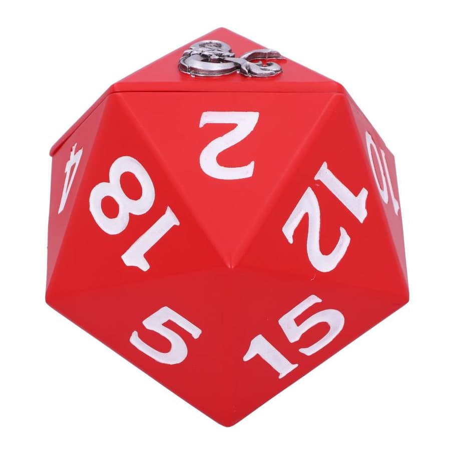 Candy red D20 dice storage box shaped like an icosahedron die, Dungeons & Dragons design