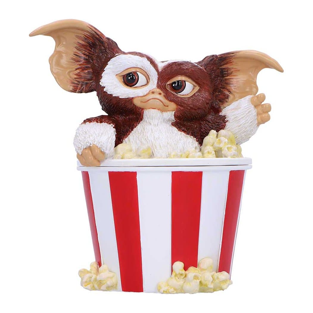 Gizmo from Gremlins peeking out of the top of a striped popcorn box collectible