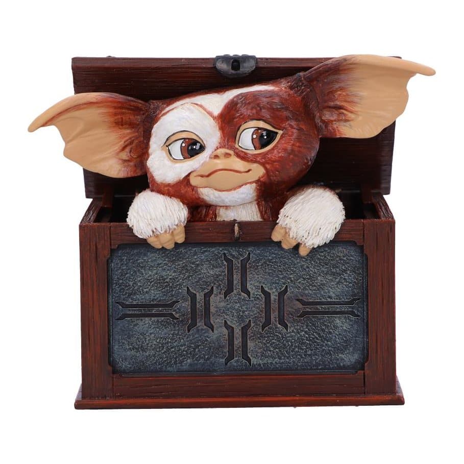 Gremlins Gizmo figurine emerging from his box, hand-painted resin