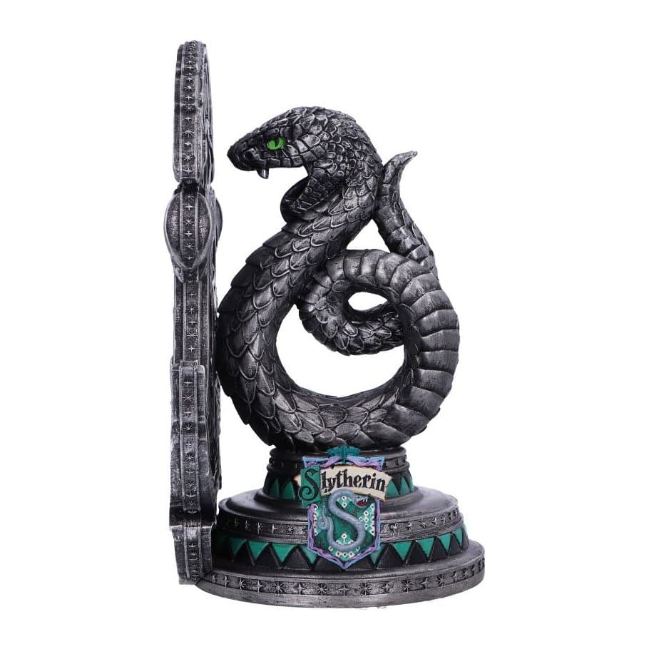 Slytherin bookend with a snake facing the Hogwarts crest, in green and silver