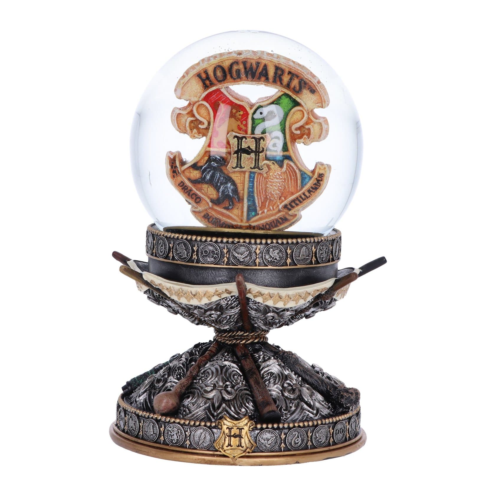 Harry Potter wand snow globe with the Hogwarts crest and seven wands at the base