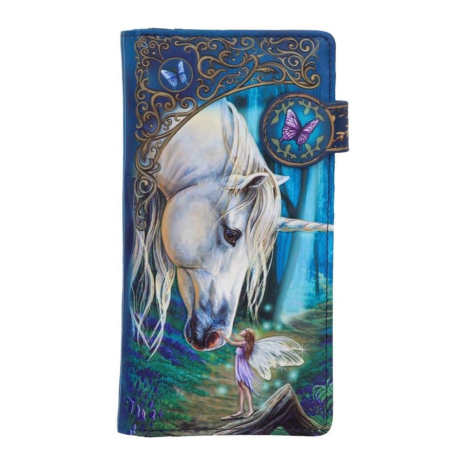 Embossed purse showing a fairy touching a unicorn's nose in a bluebell wood