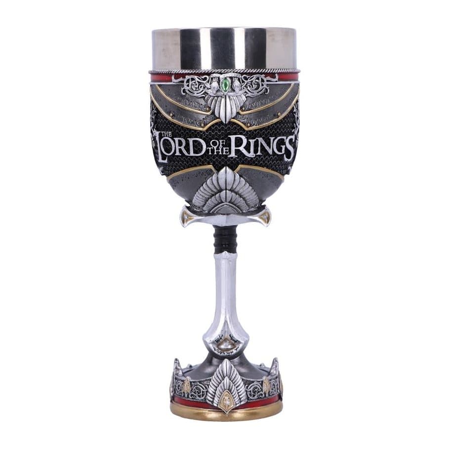 Aragorn goblet with a crown on the base and Lord of the Rings lettering