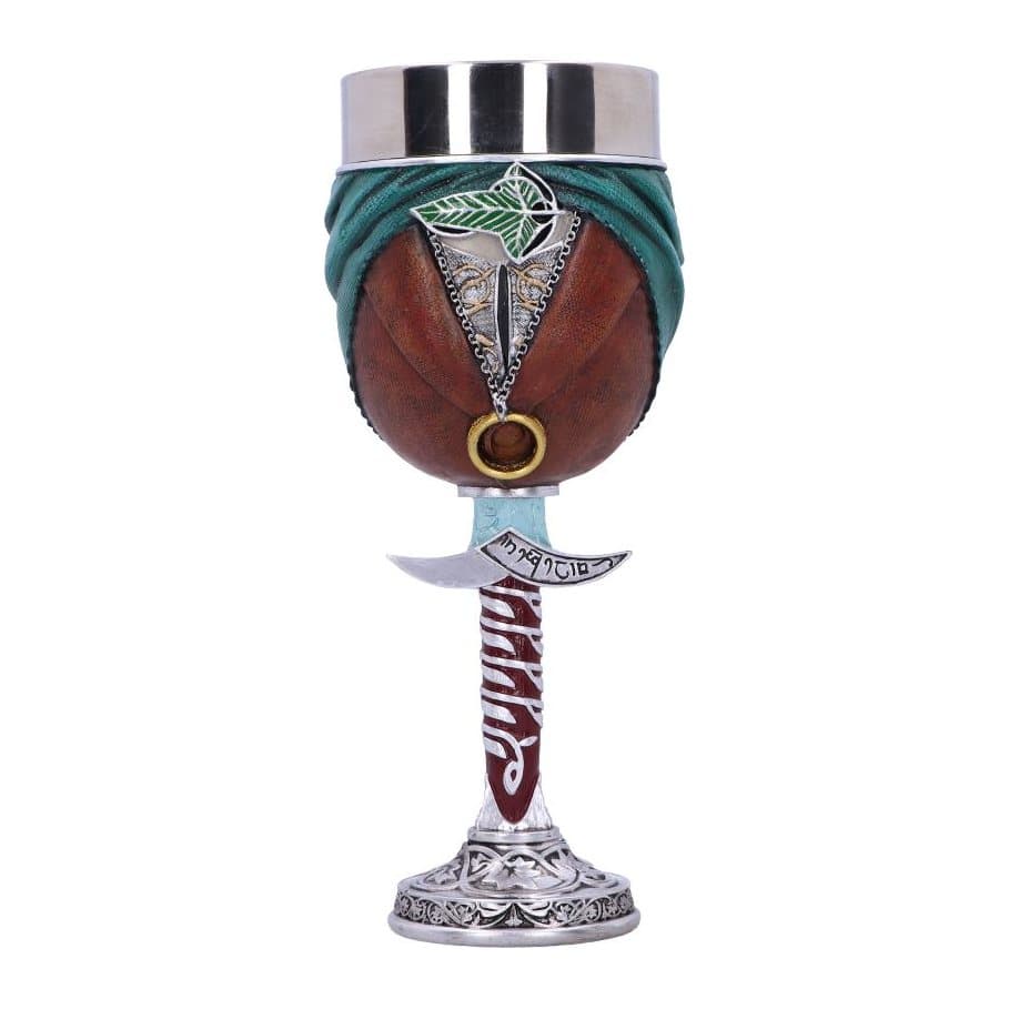 Lord of the Rings Frodo goblet, with Sting as the stem and Frodo in green cloak